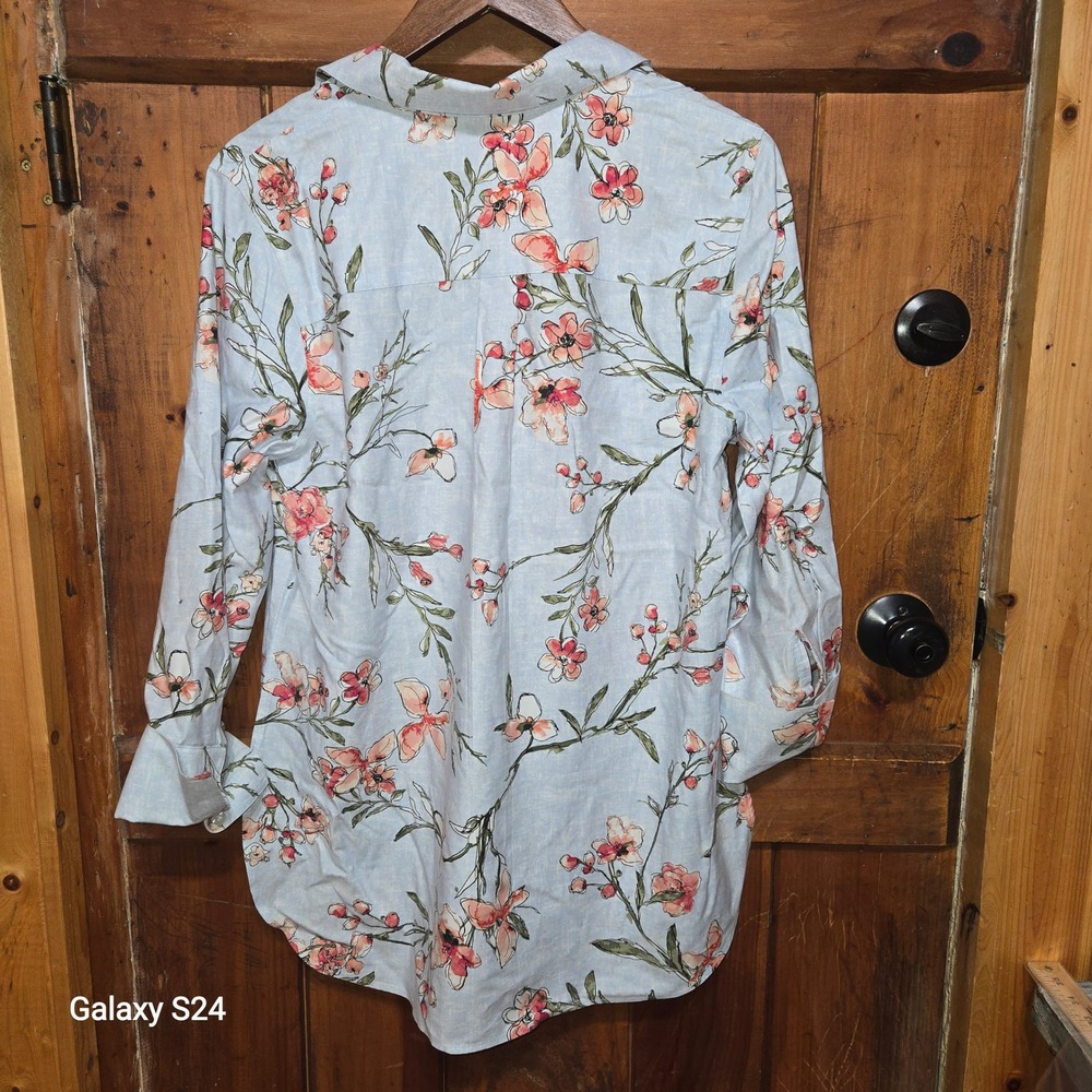 Chicos‎ Womens Floral Cotton Spandex Tunic Top Light Blue Coral Size 2 L 12 14 - Picture 4 of 5